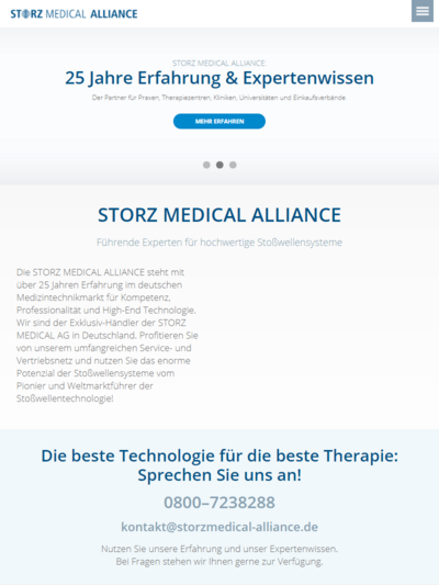 Tablet-Darstellung „Storzmedical Alliance - Exklusiv-Händler der STORZ MEDICAL AG in Deutschland.” von numero2