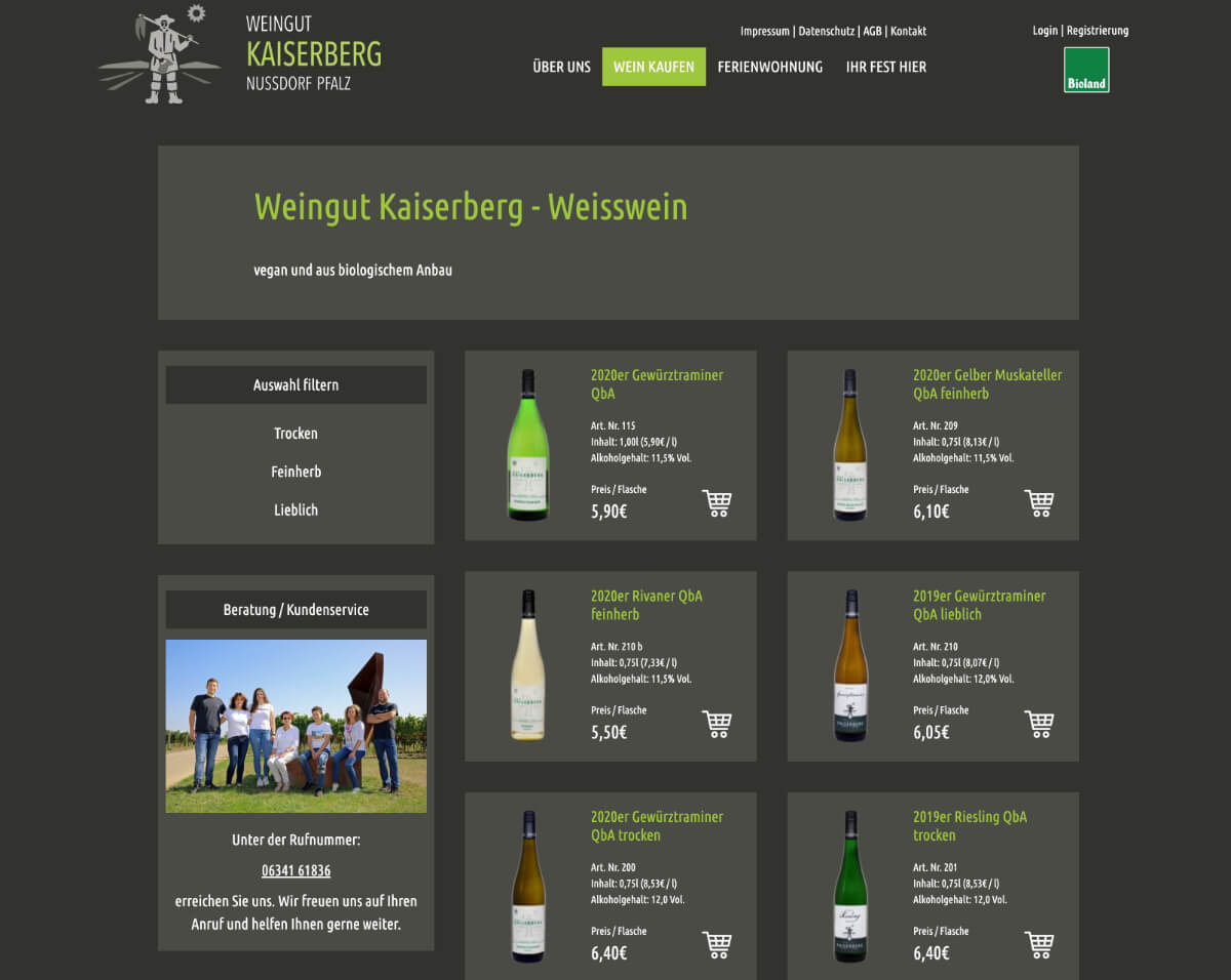 Bioweingut Kaiserberg in Nußdorf - Onlineshop Übersicht Weissweine